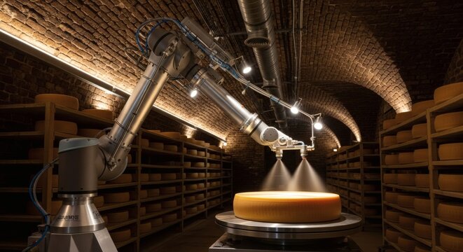 A robotic arm sprays a large wheel of cheese in a dimly lit storage room