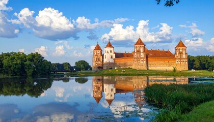 Obraz premium A majestic medieval fortress with red-tiled roofs stands on a slight elevation, reflecting beautifully on the still lake. Lush greenery surrounds
