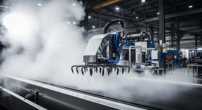 A large industrial robot operates in a factory with steam and smoke