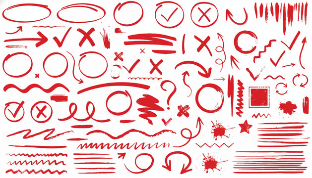 Set of red hand-drawn graphic elements for marking and editing with check marks question mark design elements splashes scribbles correction