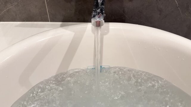 Close up of water filling white oval bathtub in luxury bathroom with steady flow from chrome faucet.