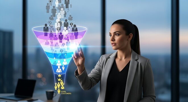 Conversion funnel visualization. A digital marketer's hands interact with a hologram of a funnel where person icons enter the top and loyal customer icons exit the bottom.