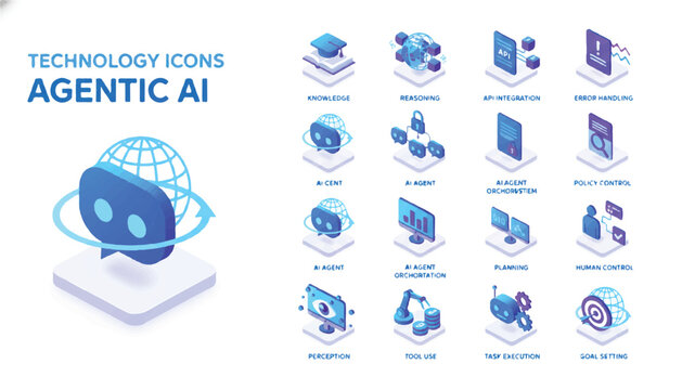 Agentic AI technology icons and globe illustration with artificial intelligence technology isometric computer software connection innovation