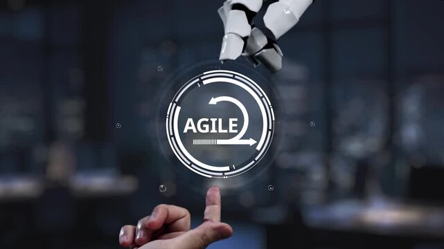 This image depicts a futuristic interaction between a human hand and a robotic arm, emphasizing the concept of agile development in a modern business environment. Synapse