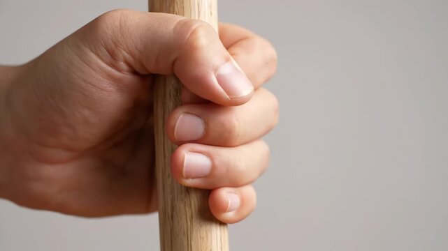 Close-up of a person's hand firmly gripping a smooth wooden stick or dowel