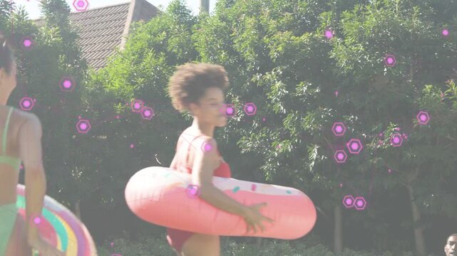 Two women laughing pushing donuts at pool slipping into water for leisure magenta hex overlaying