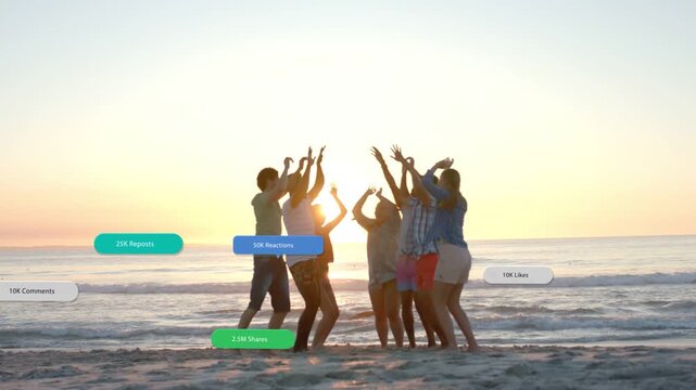 Group of seven adults raising arms on sunset beach, generating animated social badges for marketing
