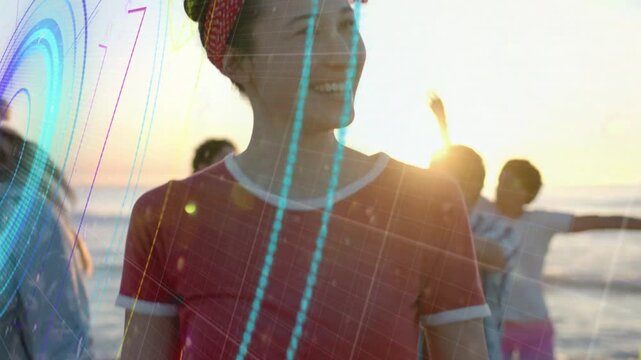 Friends meeting on sunset shore for marketing, overlays appearing rotating revealing smiling woman