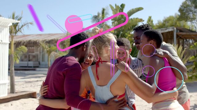 Six friends huddling on sand, pink shapes appearing sweeping forward occluding faces for marketing