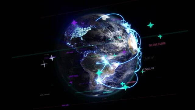 Rotating globe with live data animating teal arcs linking markers, showing tech network growth