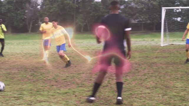 black-kit player winning red pass, dribbling out to counter, pinkgold swirl tracing play for sports