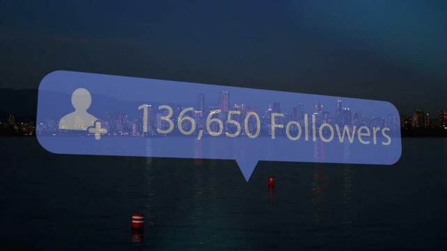 Blue follower bubble growing over waterfront, counting new followers, showing social media growth