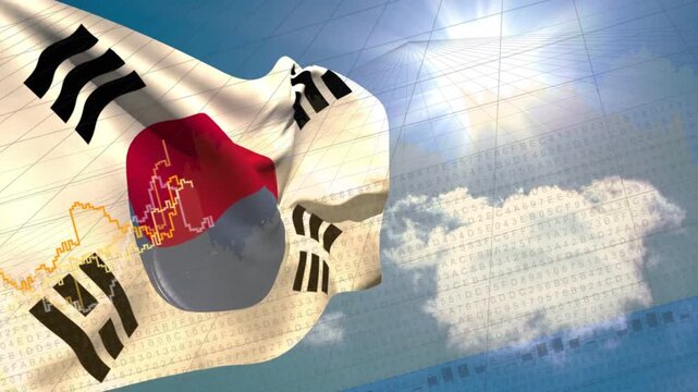 Gusts lifting Taegukgi flag, digital grid appearing, finance lines tracing peaks visualizing trends