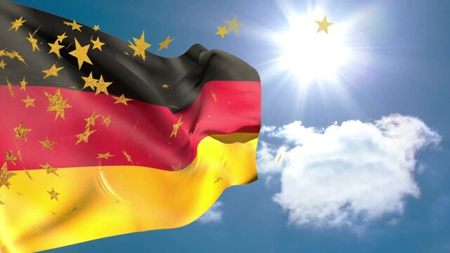 Breeze gusting, German flag waving in blue sky, sun lens-flare, golden stars drifting for marketing