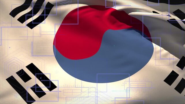 Taegukgi rippling from gusts, taeguk deforming then easing, with blue circuit for tech branding