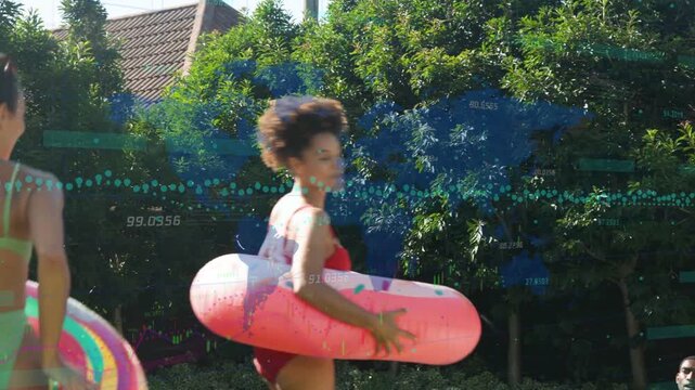 Red-swimsuit woman jostling pink donut, sparking data overlay, stepping into pool for leisure