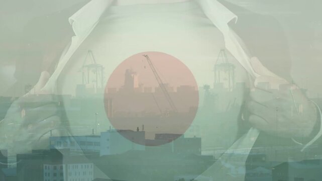 Layer fading in, man pulling jacket open revealing red disk, signaling shipping amid hazy cranes