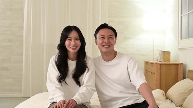 ベッドに座って微笑む日本人夫婦