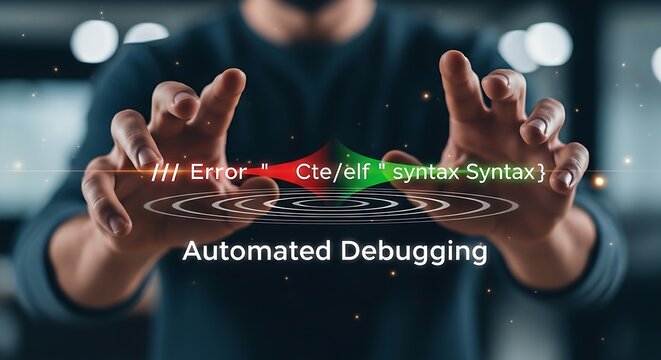 Automated debugging concept. A developer's hands watch a holographic line of code that self-corrects from a red error to green correct syntax.