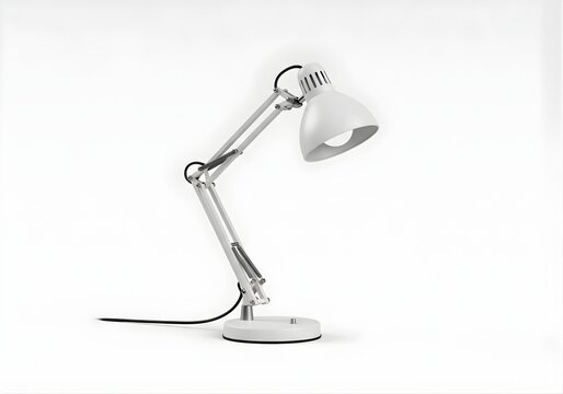 Isolated adjustable metal desk lamp with articulated arm, ideal for study, office workspace, productivity, interior design