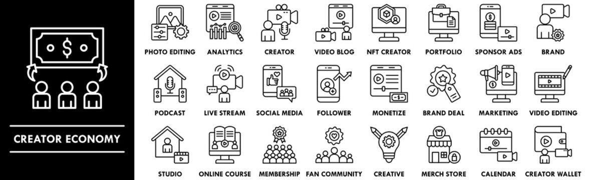 Creator Economy outline icon collection set. Containing design economy, business, content, online, creator, digital
