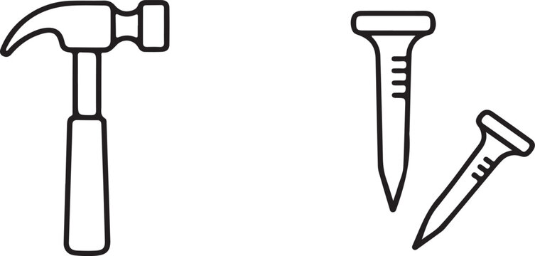 Black line of a hammer and two nails line black and white