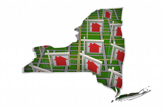 New York NY Real Estate Market Homes Houses For Sale Signs Map Move Relocate 3d Illustration