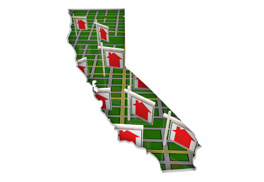 California CA Real Estate Market Homes Houses For Sale Signs Map Move Relocate 3d Illustration.jpg