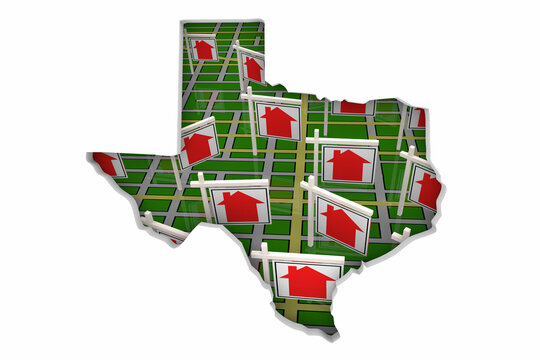 Texas TX Real Estate Market Homes Houses For Sale Signs Map Move Relocate 3d Illustration