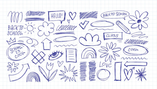 Hand drawn doodle elements with back to school white background scribble illustration elements learning checkmark creative abstract