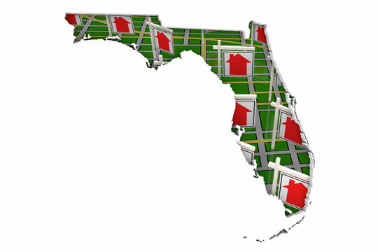 Florida FL Real Estate Market Homes Houses For Sale Signs Map Move Relocate 3d Illustration