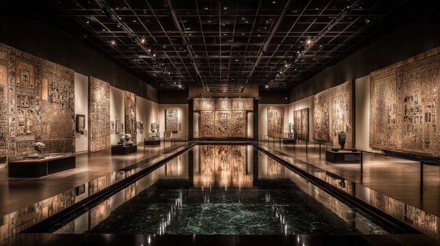 Grand museum hall with intricate displays and a reflective water feature, showcasing historical artifacts and art in an elegant setting