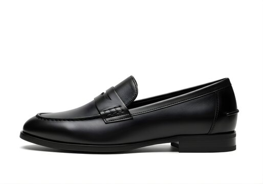 Isolated black leather loafer shoe with textured finish and stitched detail for elegant formal fashion and business style