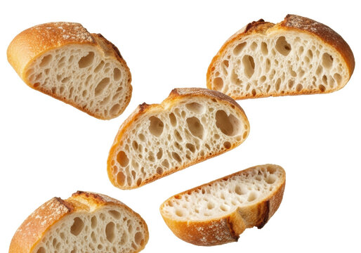 Several floating artisan ciabatta bread slices with golden-brown crust, airy white crumb, and scattered crumbs, isolated on a transparent background with copy space, concept of baked perfection