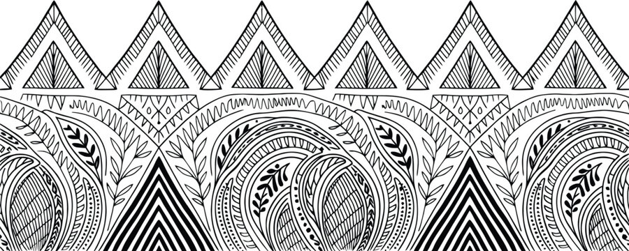Black and white hand-drawn ethnic border with organic and geometric keywords: black and white
