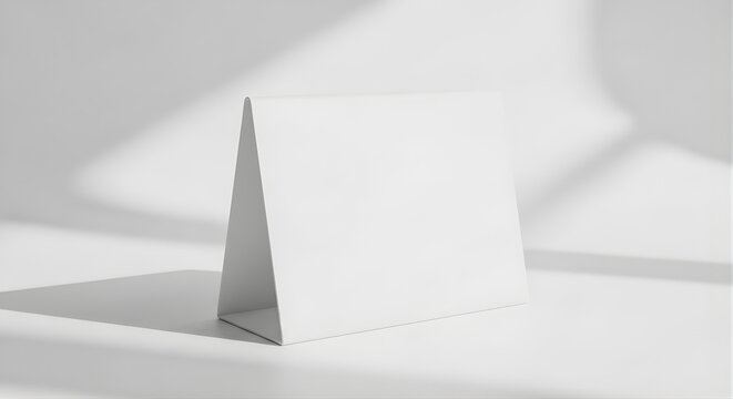 Blank white paper table tent card mockup, promotional signage display, menu stand, clean desktop advertising template