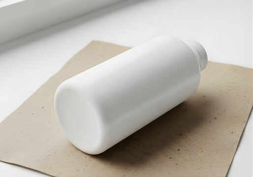 Blank white plastic bottle mockup lying on recycled paper surface, cosmetic packaging design, branding presentation, skincare product