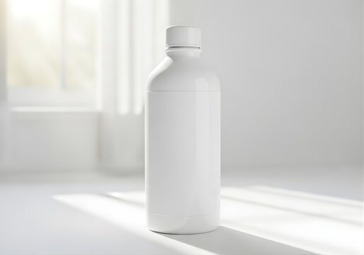 Blank white plastic bottle with screw cap on soft lit surface, cosmetic packaging mock up, branding template, product display