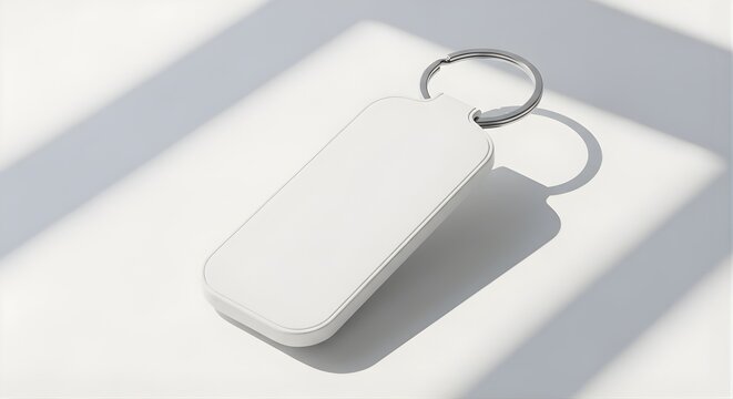 Blank white rectangular keychain mockup with metal ring, ideal for branding design, corporate identity, accessory personalization