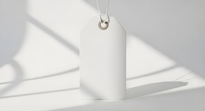 Blank white rectangular hang tag with silver metal eyelet, shopping promotion, retail label, pricing card, sales mockup, product display