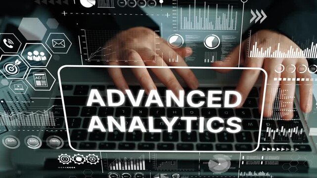 Focused Hands on Laptop with Advanced Analytics Graphs and Data Visualizations in a Modern Work Environment. Asymptotic smart data analytic.
