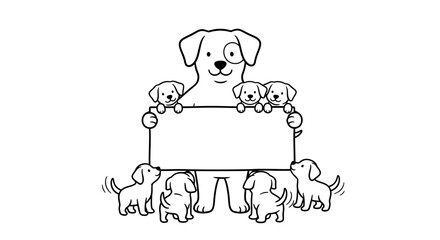 Fototapeta premium A heartwarming illustration of a mother dog holding a blank sign with her playful puppies surrounding her, happy mother's day.