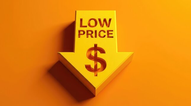 A vibrant yellow arrow with low price and a dollar sign symbolizes reduced costs