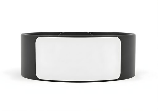 Isolated black wristband with empty rectangular identification tag for event access, custom branding, security, identification