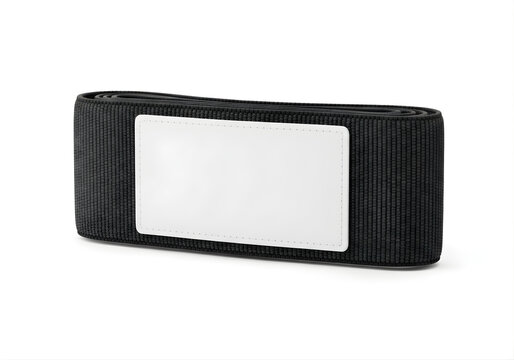 Isolated black velcro strap with rectangular blank label for customization, fastener patch, fabric hook and loop, textile gear