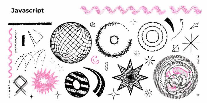 Abstract javascript doodles shapes lines and pink accents on white