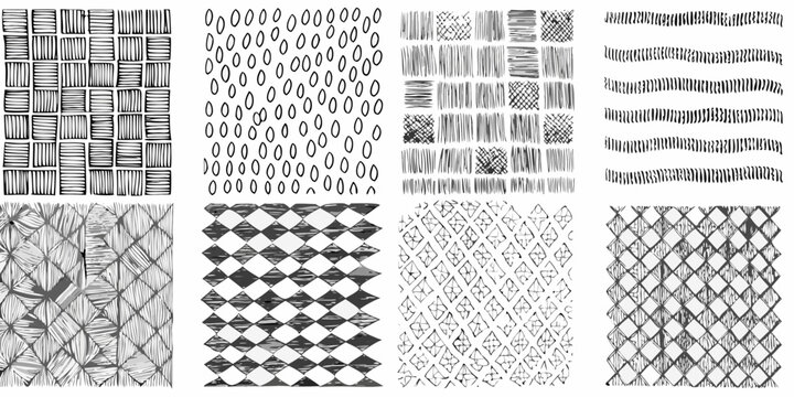 Collection of hand drawn patterns and textures in black and white