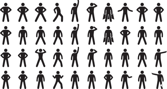 Minimalist Vector Icon Set of Man in Powerful Heroic and Leadership Stances.
