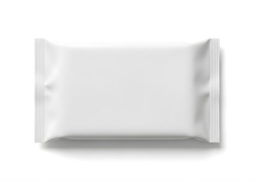 Isolated blank white flow pack packaging mockup with realistic plastic texture for branding design, retail supply, product layout