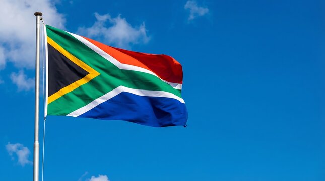 South Africa flag waving against a bright blue sky. National symbol of South Africa representing pride, independence, freedom, and patriotism. Concept of national heritage and identity.
